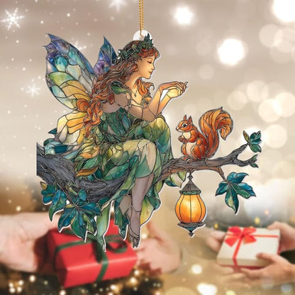 Fairy Ornament Acrylic Suncatcher – Stained Glass Style Fairy Sitting on Branch with Squirrel & Lantern, Fantasy Window Hanging Decor, Enchanted Forest Ornament, for Women (Sun-33)
