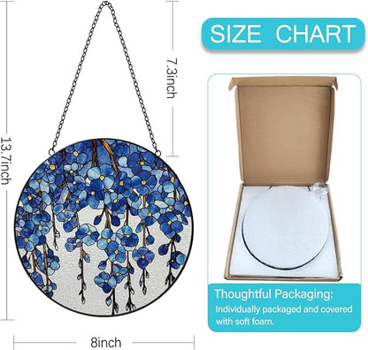 Stained Glass Window Hanging, 8 Inch Forget Me Not Flower Suncatcher, Sun Catchers Indoor Window, Blue Floral Suncatchers for Windows Hanging, Spring Home Garden Decor Panel Gifts for Mom Grandma Wife