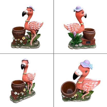 Flamingo Garden Statue Planter with Welcome Sign & Solar LED Light, Waterproof Outdoor Resin Yard Decor, Front Porch Ornament Housewarming Gift(Right Pink Flamingo)