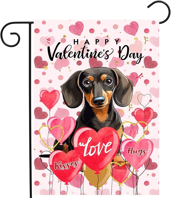 Dachshund Valentine Garden Flag Valentines Day Flags for Outside 12x18 Double Sided Small Yard Flags Dog Valentine's Day Decor Outdoor Lawn Valentines Banners Front Porch