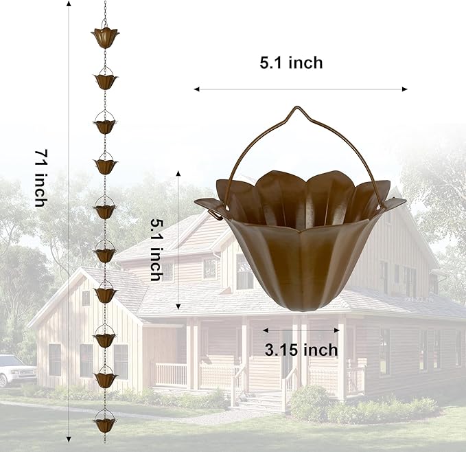 Rain Chain for Gutters – 6.5 FT Adjustable Copper-Tone Rain Chain with 10 Large Lotus Cups – Decorative Gutter Chain Downspout Alternative – Rain Catcher Chain & Garden Water Feature