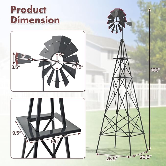 DREAMADE 8ft Steel Windmill, Farmhouse Windmill Decoration with Directional Vane, 4 Anchoring Stakes & Reinforced Base, Weather-Ready Garden Spinner for Backyard, Garden, Patios, Rural Areas (Grey)