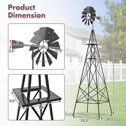 DREAMADE 8ft Steel Windmill, Farmhouse Windmill Decoration with Directional Vane, 4 Anchoring Stakes & Reinforced Base, Weather-Ready Garden Spinner for Backyard, Garden, Patios, Rural Areas (Grey)
