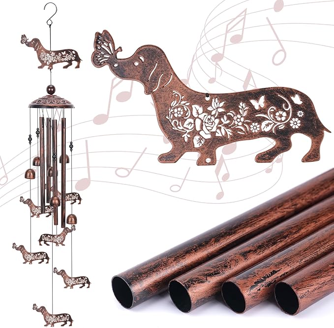 Dachshund Dog Wind Chimes for Outside, Metal Dog Windchimes for Women Men, Pet Memorial Wind Chime Birthday Gifts for Garden Decor Outdoor Memorial Housewarming Festival Gifts Front Yard Decor