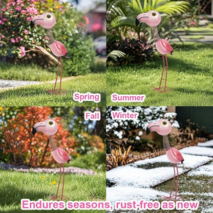 Pink Flamingo Metal Garden Statue, Life Size 35" Cute Spring-Neck Bobble Flamingo with Big Eyes & Long Legs, Adorable Metal Yard Decor for Lawn, Garden or Patio, Rustproof Iron Sculpture