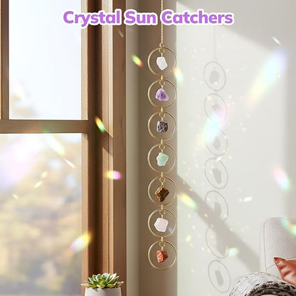 Thyle Healing Crystal Wind Chimes for Outside Window 7 Chakra Hanging Crystal Sun Catchers for Easter Indoor Outdoor Home Wall Decor Birthday Gifts(Rough Stone Style)