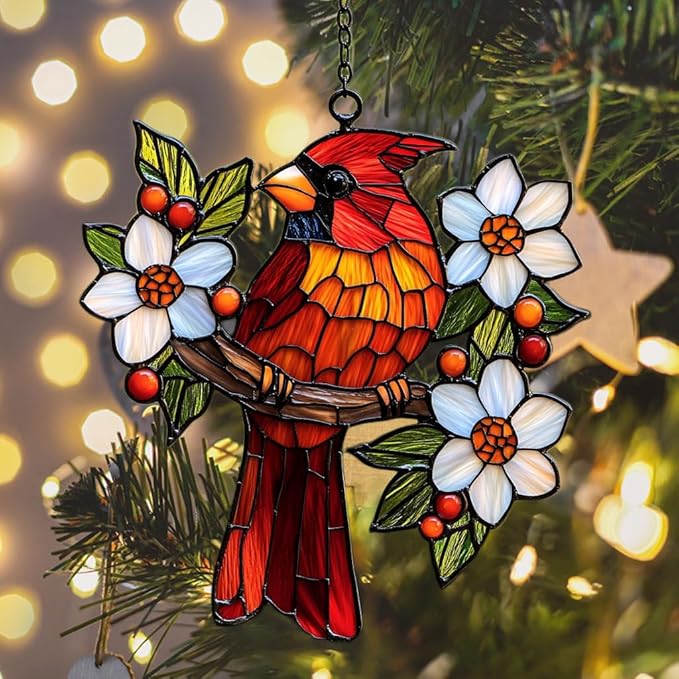 Cardinal Mosaic Effect Acrylic Suncatcher Stained Glass Effect Window Car Hanging Christmas Ornament Indoor Outdoor Decor Garden Sun Catcher Panel for Acrylic Suncatcher Lover for Women Mom Grandma