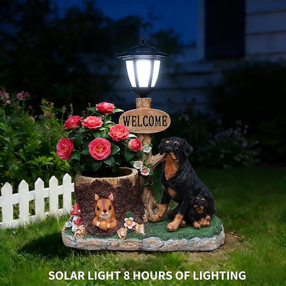 Solar Light Animal Outdoor Statue Planter with Welcome Sign, Resin Garden Sculpture Flower Pot for Patio Lawn Porch Yard Courtyard Decor, Weather-Resistant Decorative Figurine Accent (K)