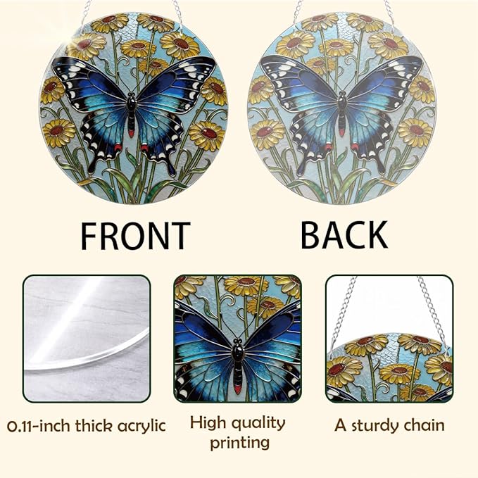 Butterfly Window Hanging Suncatcher, Yellow Flower Window Wall Art, Hand-Painted Sun Catcher Garden Hangings, Home Decor Gift for Butterfly Lovers Women Mother's Day Christmas