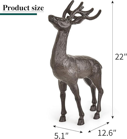 Sungmor 22" Tall Cast Iron Deer Statue - Indoor Outdoor Metal Deer Sculpture, Large & Heavy-Duty Wild Animal Landscaping Figurine, Rustic Garden Decor for Patio, Yard, Home (Dark Brown)