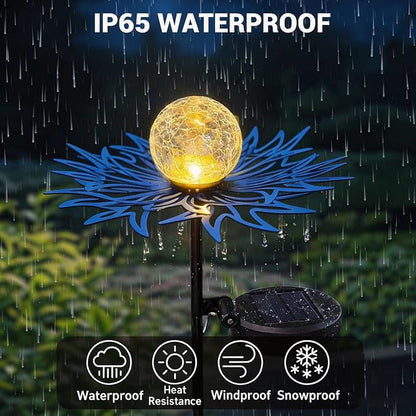 Solar Lights Outdoor Garden Decor, Metal Flower Crackle Glass Globe Solar Stake Lights, Waterproof LED Yard Decorations for Patio, Lawn, Pathway, Landscape Gifts for Women Mom(Blue)