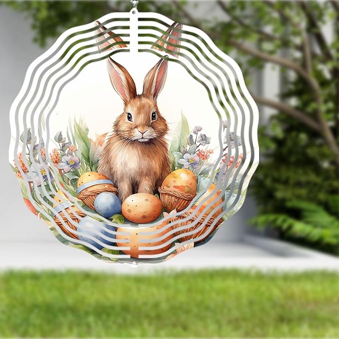 Easter Bunny Wind Spinner Easter Day Gifts 3D Metal Kinetic Hanging Wind Sculpture Spinners for Yard and Garden Indoor Outdoor Window Easter Rabbit Yard Art Garden Decoration 8 Inch (Bunny 5)