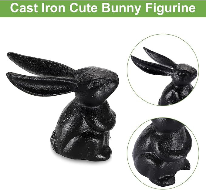 OwnMy 2 Cast Iron Bunny Figurines Outdoor Rabbit Statues for Garden Patio Home Decors, 3.7" Hollow Carved Cute Bunny Statue Vintage Long-Eared Rabbit Ornaments Paperweights for Office Table Decors