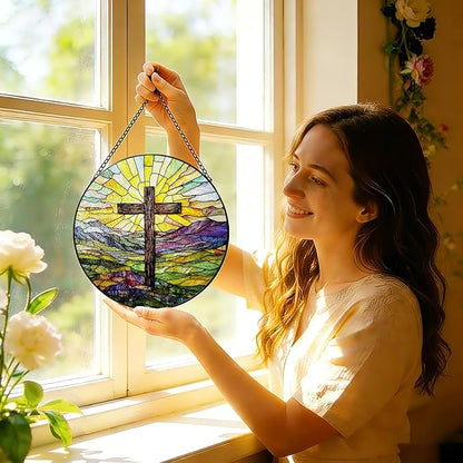Stained Glass Cross Mountains Suncatcher, 8 Inch Christian Stained Glass Window Hanging, Religious Sun Catchers Indoor Window, Nature Landscape Ornaments Home Garden Decor Easter Faith Christian Gift
