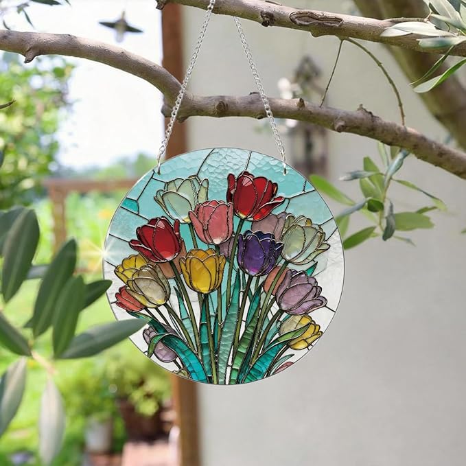 Tulips Suncatchers Windows Hanging, Acrylic Hanging Sun Catcher, Colorful Window Decoration, Indoor Windows Wall Art, Home Garden Decor, Gift for Flower Lover Women Mother's Day Christmas