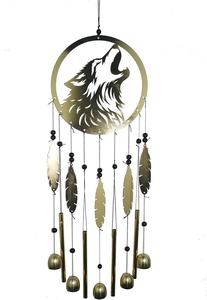 Wolf Dream Catcher Wind Chimes for Outside, Gold Metal Howling Wolf Windchimes with Bells & Feathers, Gift for Wolf Lovers Chimes Wolves(Golden Wolf)