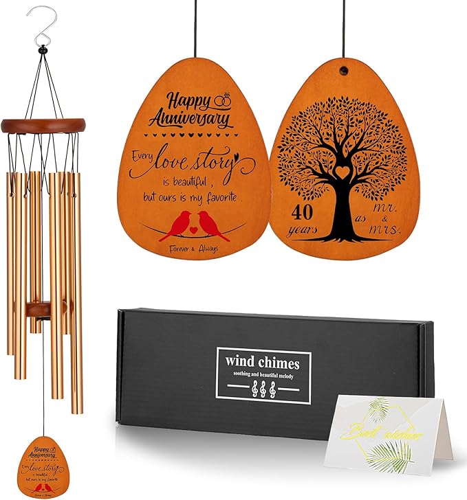 40th Anniversary Wedding Wind Chime with Meaningful Sayings, Happy 40th Anniversary Decorations Romantic Gifts for Couple, Parents, Wife, Husband, Friends, Ruby Anniversary Keepsake