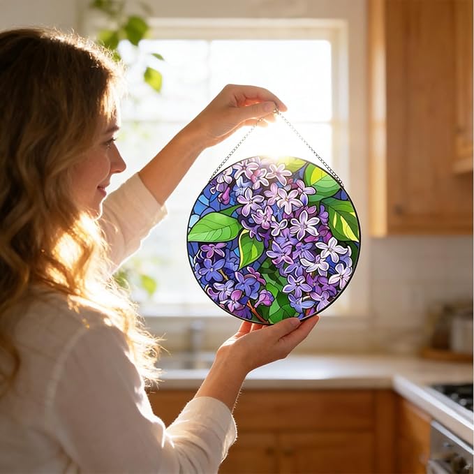 Purple Flowers Hanging Stained Glass for Window 7.87" Sun Catcher Garden Hanging Decoration Sun Catchers Colorful Glass Gifts for Women Mother's Day Valentine's Day Decorations Holiday