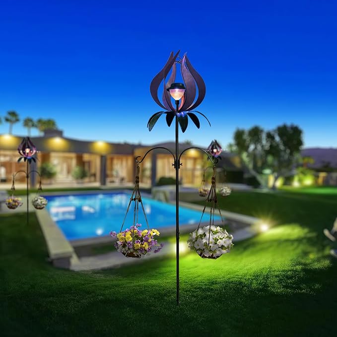 Multifunction Solar Wind Spinner Outdoor with Shepherd Hooks MANORTANG 83 Inch Valentine Metal Large Landscape Light Double Coconut Basket LED Windmill Outdoor Decoration for Yard Patios (Purple)