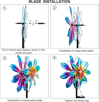 Flower Solar Wind Spinners- Metal Colorful Spinning Windmill Garden Ligths with LED Outdoor Decorative Stake Lighting Waterproof Flower Sculpture for Patio Yard