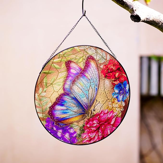 RIVEENY Stained Glass Butterfly Window Hanging, 10" Sun Catcher Gift for Women, Glass Ornament Window Decor for Garden Butterfly Lovers