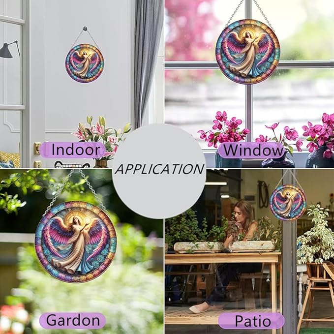 Angel Stained Window Hangings with Chain– Acrylic Round Ornament for Garden, Patio and Indoor Decor, Housewarming Gift for Mom, Grandma