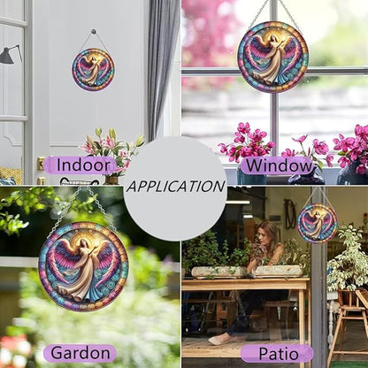 Angel Stained Window Hangings with Chain– Acrylic Round Ornament for Garden, Patio and Indoor Decor, Housewarming Gift for Mom, Grandma