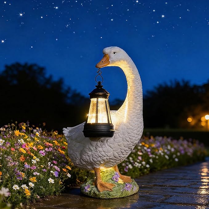 DiliComing Solar Porch Goose Statue - Outdoor Garden Decor Resin Goose Statues for Yard Lawn Patio Unique Gift Mom Grandma Women