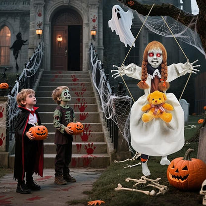Outdoor Hanging Swinging Girl Halloween Decorations,Lighted Creepy Doll Halloween Dolls Scary Props for Garden Yard Lawn and Haunted House Decorations