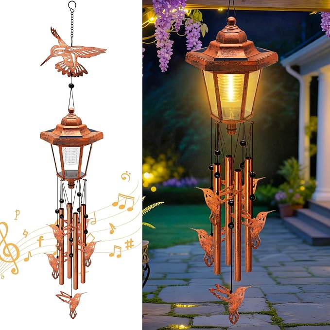 Large Solar Hummingbird Wind Chimes with Wind Catcher/Solar Decor Light to Create a Zen Atmosphere Decor for Outdoor Garden Patio, Classic Bronze Wind Chimes, Gifts for Mom Grandma Women Wife Daughter