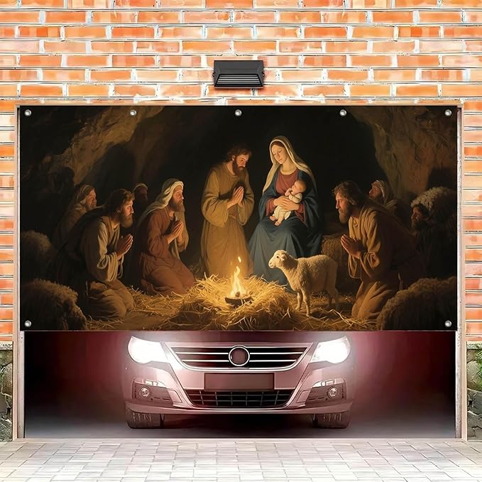 HOMETITUTE 13x6ft Nativity Scene Garage Door Banner Shepherds Adoring Baby Jesus Mary Polyester Large Outdoor Xmas Decoration for Holiday Party Winter Yard Home School Church Community Display