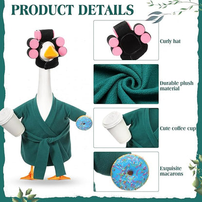Shyyween Spring Porch Goose Outfit 23 Inch Green Lady Goose Statue Clothes Summer Bathrobe Coffee Cup Curlers for Cement Plastic Lawn Geese Outdoor Garden Yard Patio Decoration