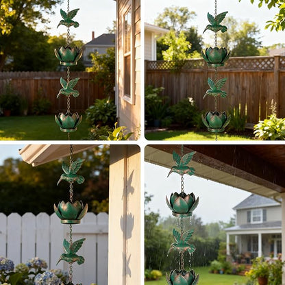 BigKing 7.87FT Lotus and Hummingbird Rain Chains for Gutters - Metal Rain Chains with 6 Cups, Rain Catcher Chain for Outside, Replacement Downspout for Gutters, Eaves, Drainage