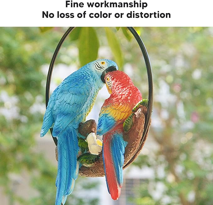 Parrots Hanging Statue,Garden Iron ringsParrots Pendant, Bird Model Crafts Courtyard Balcony Decorations,Small Red Blue Macaw for Patio Garden Lawn Window Tree