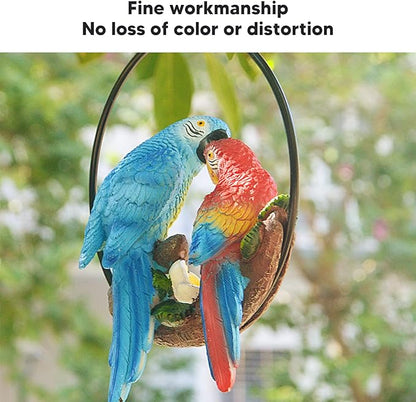 Parrots Hanging Statue,Garden Iron ringsParrots Pendant, Bird Model Crafts Courtyard Balcony Decorations,Small Red Blue Macaw for Patio Garden Lawn Window Tree