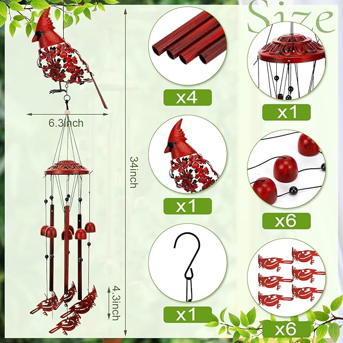 Cardinal Wind Chimes for Outside 34'' 3D Red Bird Metal Wind Chimes Hanging Decoration Cardinal Gifts Women Grandma Mom Memorial Red Bird Decor for Outdoor Garden Yard Patio Backyard