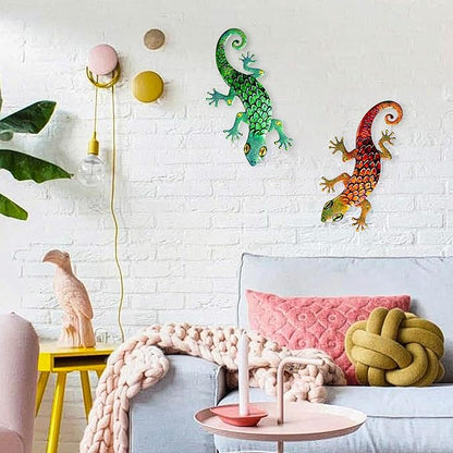 Pipilily 2 Pack Metal Gecko Wall Art, Metal Lizard Indoor Outdoor Hanging Sculpture Decor for Garden Yard Living Room Bedroom Patio Balcony (Style 3)