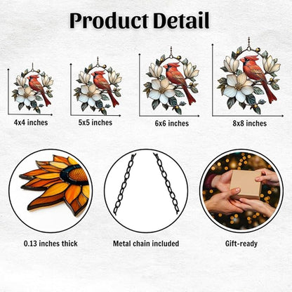 Vivid Cardinal Floral Tiffany Acrylic Suncatcher Stained Glass Effect Window Car Hanging Christmas Ornament Indoor Outdoor Decor Garden Sun Catcher Panel for Cardinal Lover for Women Mom Grandma