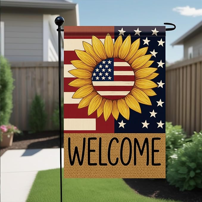 Spring Summer Garden Flag 12x18 Inch Patriotic Sunflower Welcome American Outdoor Stars Stripes Rustic Burlap Style Outdoor Yard Porch Lawn for Seasonal Americana Home Decor