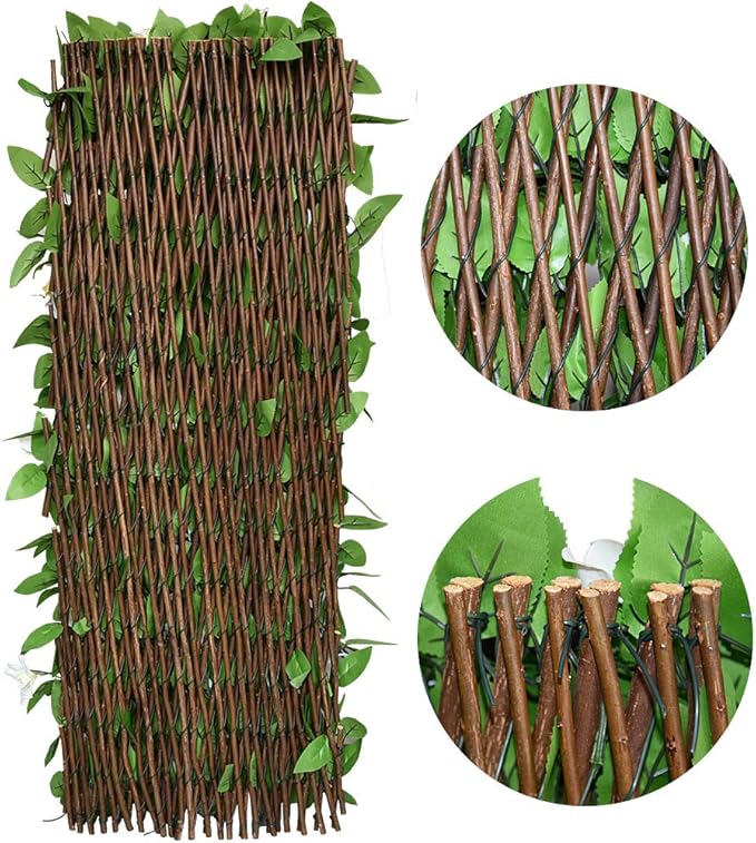 Expandable Faux Ivy Fence,Artificial Privacy Screen Decor for Outdoor Wall, Balcony and Patio, Single Sided Leaves (1,White Flower)