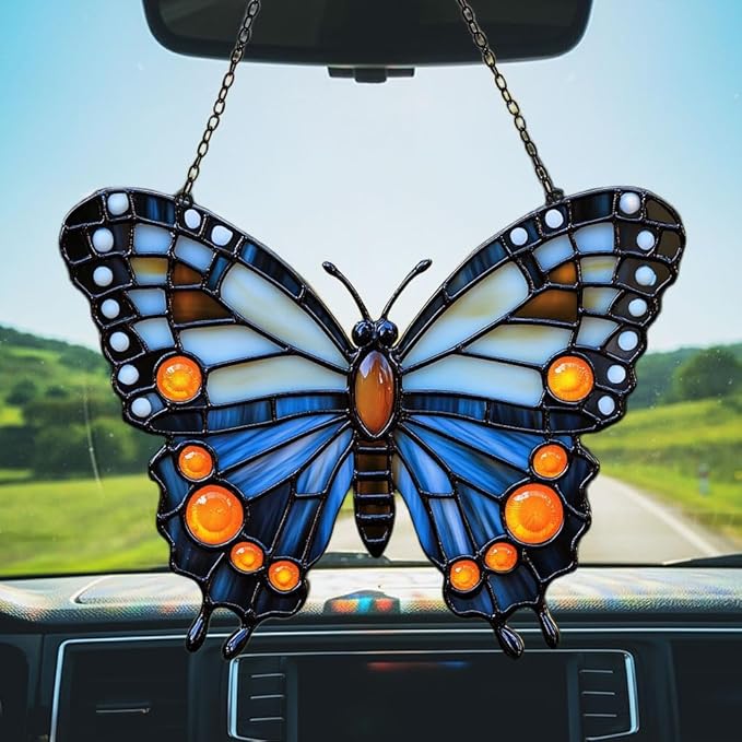 Night Monarch Butterfly Acrylic Suncatcher Stained Glass Effect Window Car Hanging Christmas Ornament Indoor Outdoor Decor Garden Sun Catcher Panel for Butterfly Lover for Women Mom Grandma