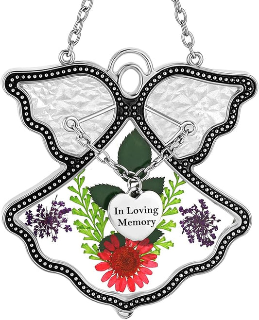 KY&BOSAM Angle Suncatcher in Loving Memory Glass Sun Catchers for Windows Hanging Wind Chime Ornament Pressed Real Flower and Metal Heart Charm Sympathy Bereavement Memorial for Loss Gift