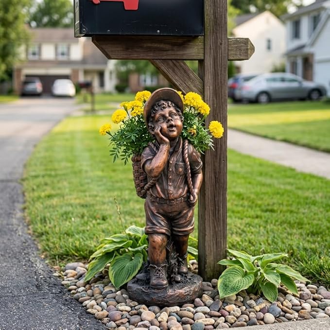 XBrand 24" H Faux Bronze Magnesium Oxide Walking Boy Garden Statue w/Small Flower Plant Pot, Outdoor Décor, Natural Design Sculpture