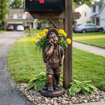 XBrand 24" H Faux Bronze Magnesium Oxide Walking Boy Garden Statue w/Small Flower Plant Pot, Outdoor Décor, Natural Design Sculpture