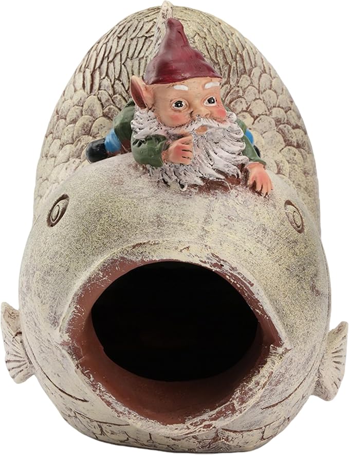 Gnome and Fish Statue Gutter Downspout Extensions, Rain Gutter Downspout Splash Block Extender Cover Garden Yard Sculpture Decorative, 3" × 4" Downspouts