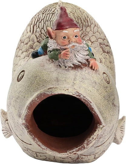 Gnome and Fish Statue Gutter Downspout Extensions, Rain Gutter Downspout Splash Block Extender Cover Garden Yard Sculpture Decorative, 3" × 4" Downspouts