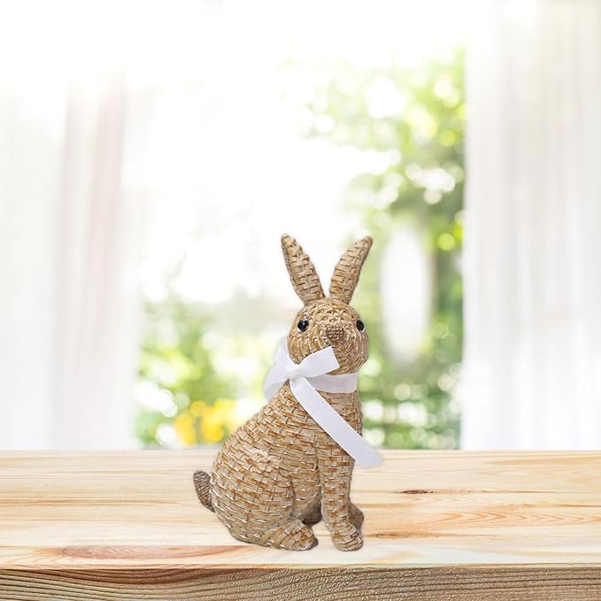 Rattan Rabbit Woven Rabbit Bow Resin Ornaments for Home Courtyard Lawn Tabletop and Easter Decoration to Enhance The Easter Atmosphere Preferred Easter Gifts (8.1in Brown Seat)