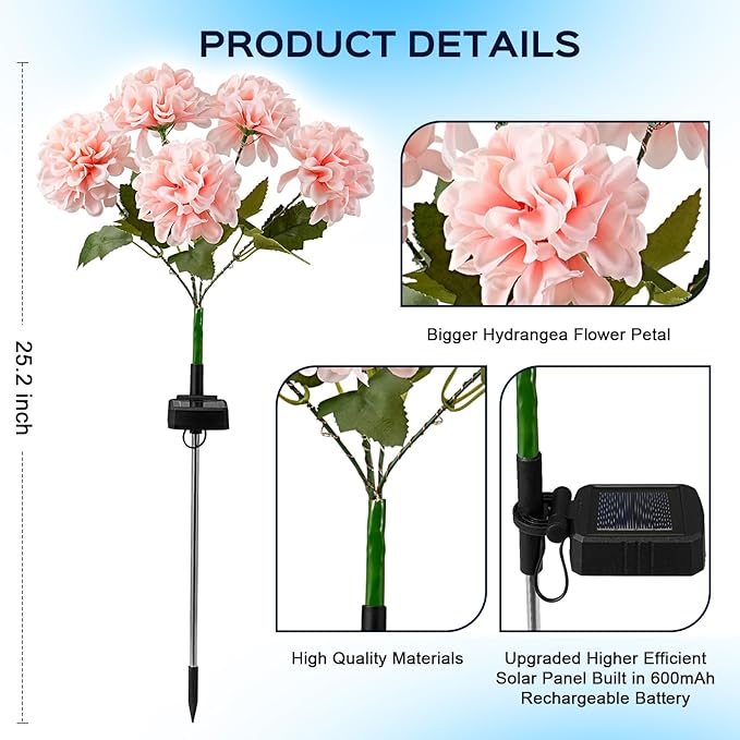 4 Pack Solar Garden Lights Outdoor, LED Colorful Waterproof Solar Powered Hydrangea Flowers Landscape Lights for Patio, Outside Yard, Pathway Decorative, Décor, Two Lighting Modes