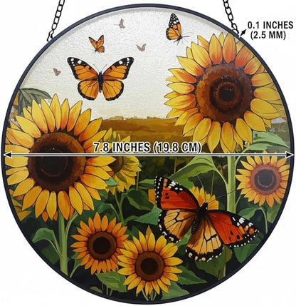 Sunflower Decor Suncatcher,Stained Glass Suncatcher for Window,Originally Designed Butterfly Sun Catchers,7.8" Large Stained Glass Window Hanging,Sunflower Gift for Women