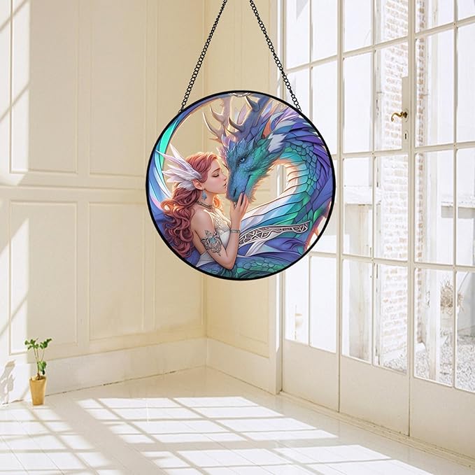 Dragon Fairy Stained Glass Window Hanging, 7.87" Fantasy Suncatcher for Windows with Chain, Fantasy Glass Sun Catcher Decor for Home Bedroom, Window Ornament Gifts for Women & Dragon Lovers